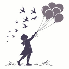 Girl with Balloons Transforming into Birds and Butterflies
