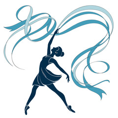 Rhythmic gymnast vector silhouette with teal ribbons