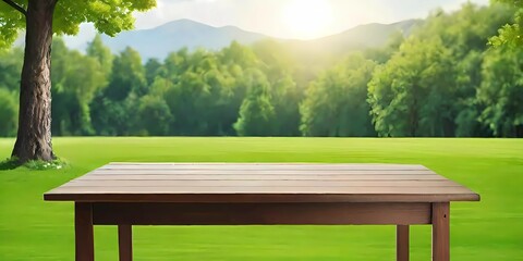 Fototapeta premium Wooden table on green grass background outdoor for product design