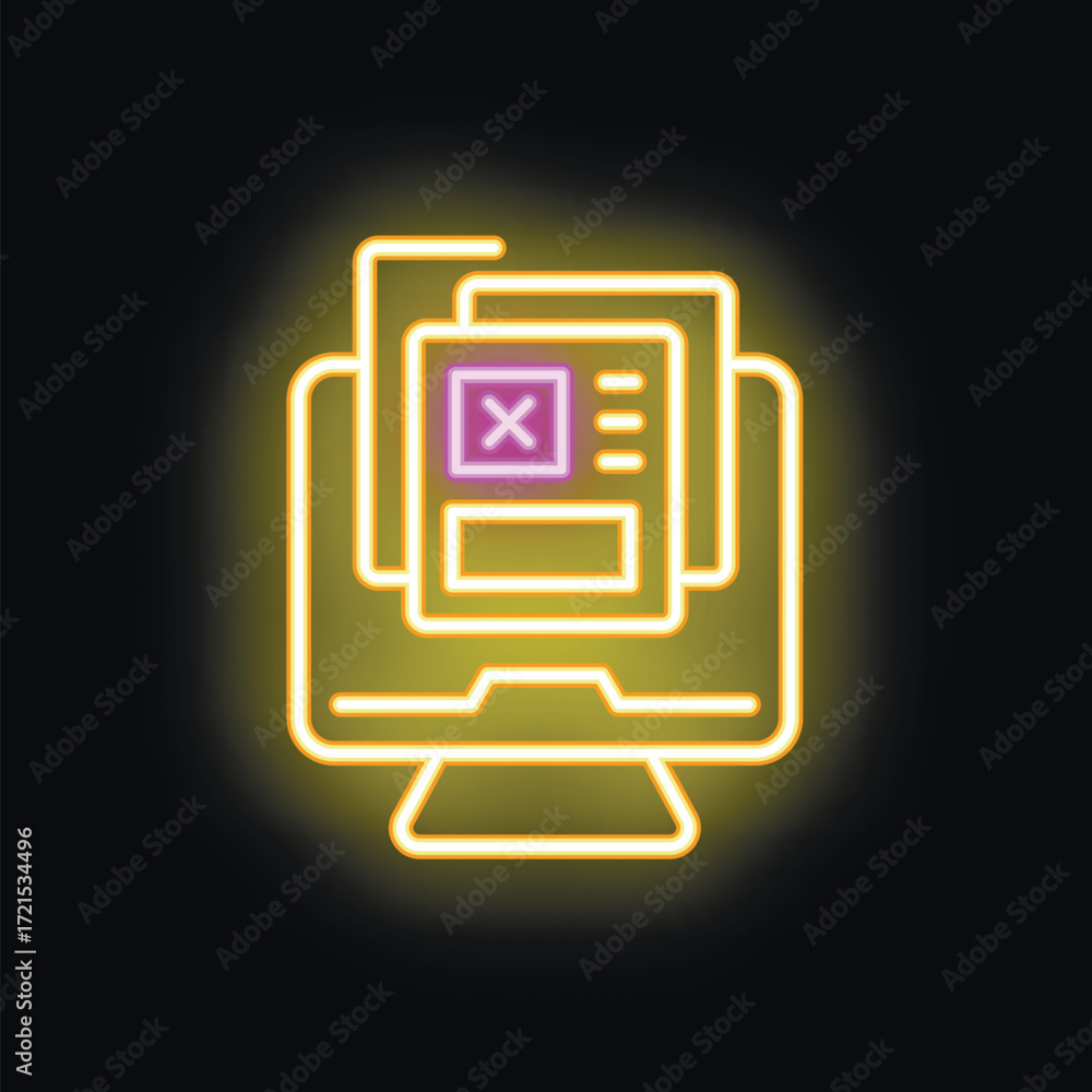 Poster neon sign depicting a computer monitor showcasing a document or online form with a prominent x mark,