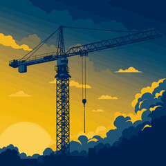 Construction Crane Silhouette Against a Dramatic Sunset Sky with Clouds