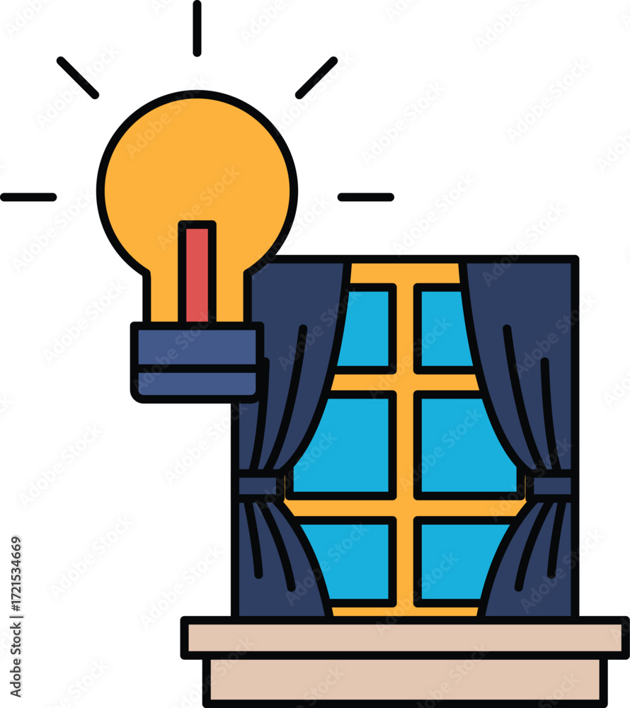 Poster a light bulb is lit up and is above a window with curtains