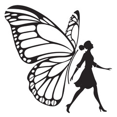 Stylized Navy Butterfly with Woman Silhouette Walking Forward