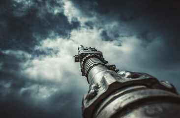 Close-up of a metal gun barrel pointing upwards against a stormy sky