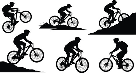Collection of mountain biker silhouettes in dynamic action poses, showcasing different stunts and terrains, perfect for extreme sports and outdoor adventure themes.

v