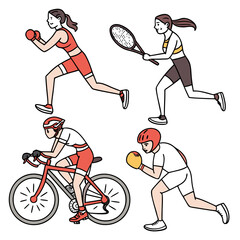 Digital Illustration of Four People in Athletic Activities &mdash; Cycling, Tennis, and Boxing