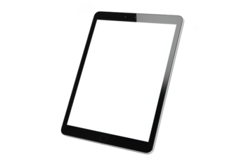 A sleek modern tablet device with a reflective screen isolated on transparent background