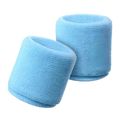 Two light blue terry cloth wristbands for absorbing sweat during sports or exercise, isolated on transparent background