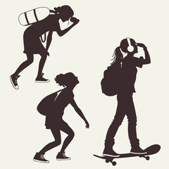 Dark-Toned Silhouettes of People &mdash; Skateboarding, Carrying Bag, Looking Through Binoculars