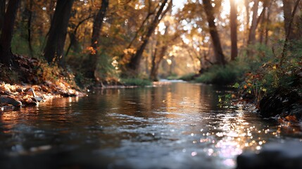 Obraz premium Serene autumn woodland stream with golden leaves and soft sunlight creating gentle ripples, a cozy and warm seasonal backdrop ideal for text overlays