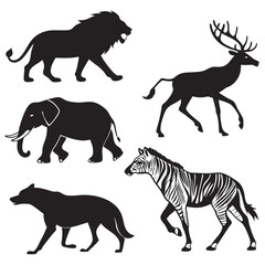Silhouetted Animals Vector Illustration &mdash; Lion, Deer, Elephant, Hyena, Zebra