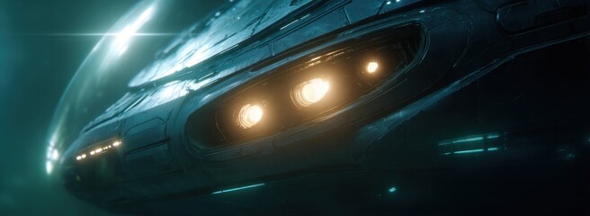 Futuristic spaceship in deep space.  Close-up view