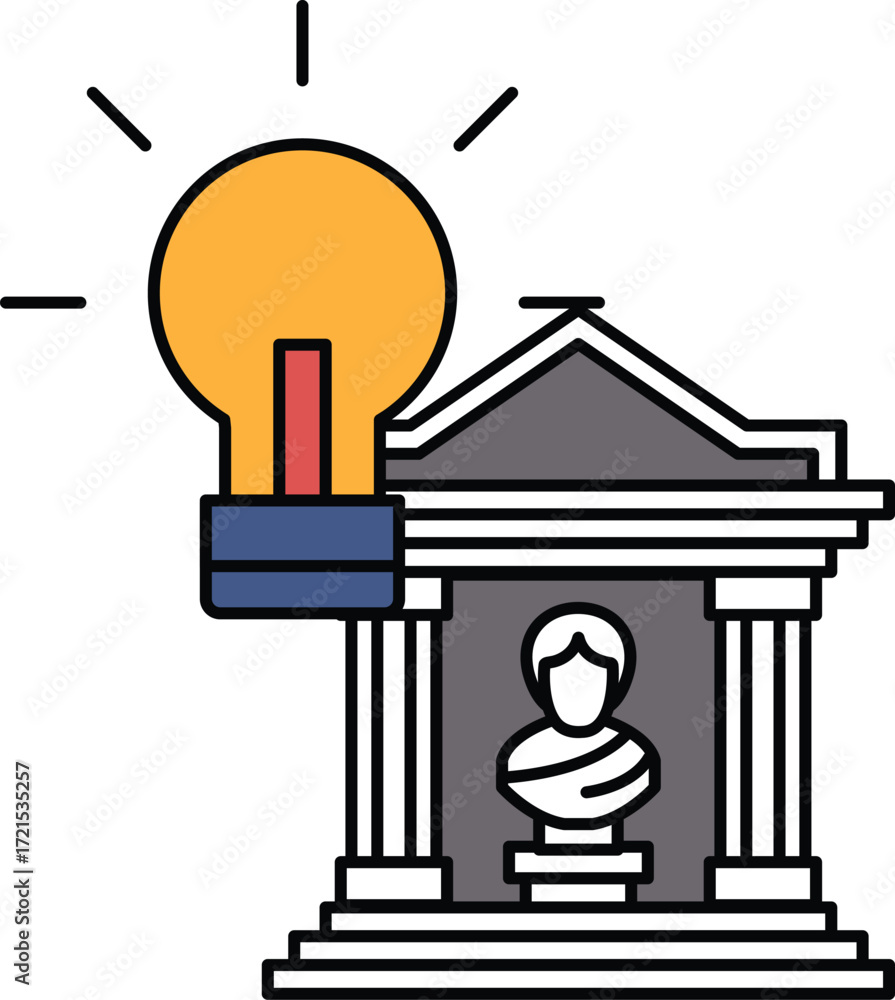 Poster a building with a statue of a man in front of it