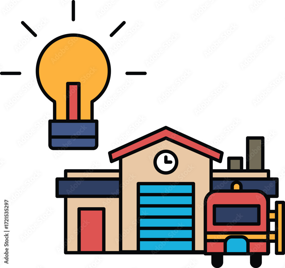 Poster a building with a clock on the side and a light bulb on top