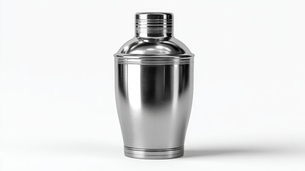 Close up view of a metallic cocktail shaker against a bright white backdrop.