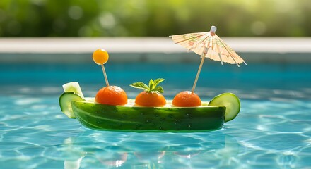 Creative fruit arrangement floats in a sunlit pool &mdash; a refreshing blend of culinary art and seasonal joy.
