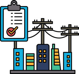 Obraz premium A black and white drawing of a city with a clipboard on top of a pole