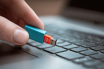 A hand inserting a USB drive into a laptop keyboard