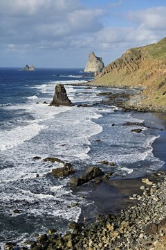 Beach of Playa de Benijo at high tide with the rock Roques de Anaga, Tenerife, Canary Island, Spain