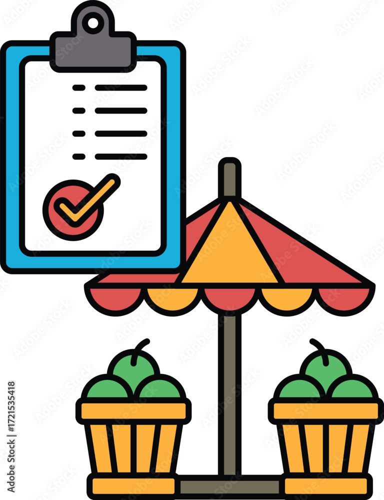Poster a clipboard with a check mark on it is next to a table with a canopy