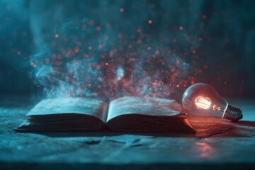 An open book with a lightbulb, surrounded by smoke and sparks in a dark, mystical setting