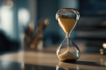 Hourglass on a desk, golden sand