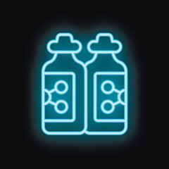 Blue neon icon of two bottles with molecular structures glowing on dark background, representing chemical research and innovation