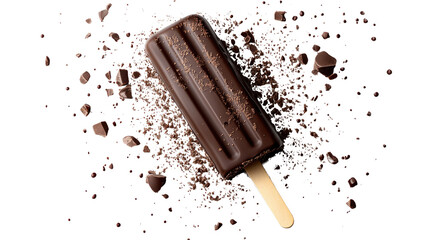 Obraz premium Indulge in the rich, dark chocolate delight of a refreshing ice pop, accented by a scattering of decadent chocolate shards. Isolated On Transparent and White Background