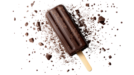 Indulge in the rich, dark chocolate delight of a refreshing ice pop, accented by a scattering of decadent chocolate shards. Isolated On Transparent and White Background
