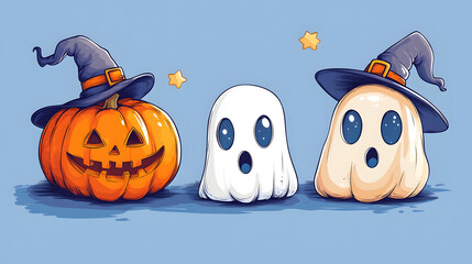 Happy Halloween,surrounded by pumpkins, ghosts, leaves, trees and graves