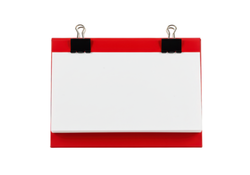 Blank white paper attached to a red clipboard with black binder clips isolated on transparent background