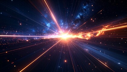 Fototapeta premium A vibrant, abstract visual showcases an explosion of energy, light streaks, and cosmic elements forming an impressive illustration