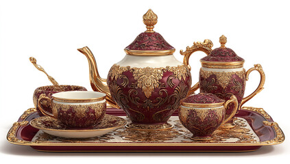 3D Realistic Ornate Tea Set with Burgundy and Gold on White Background