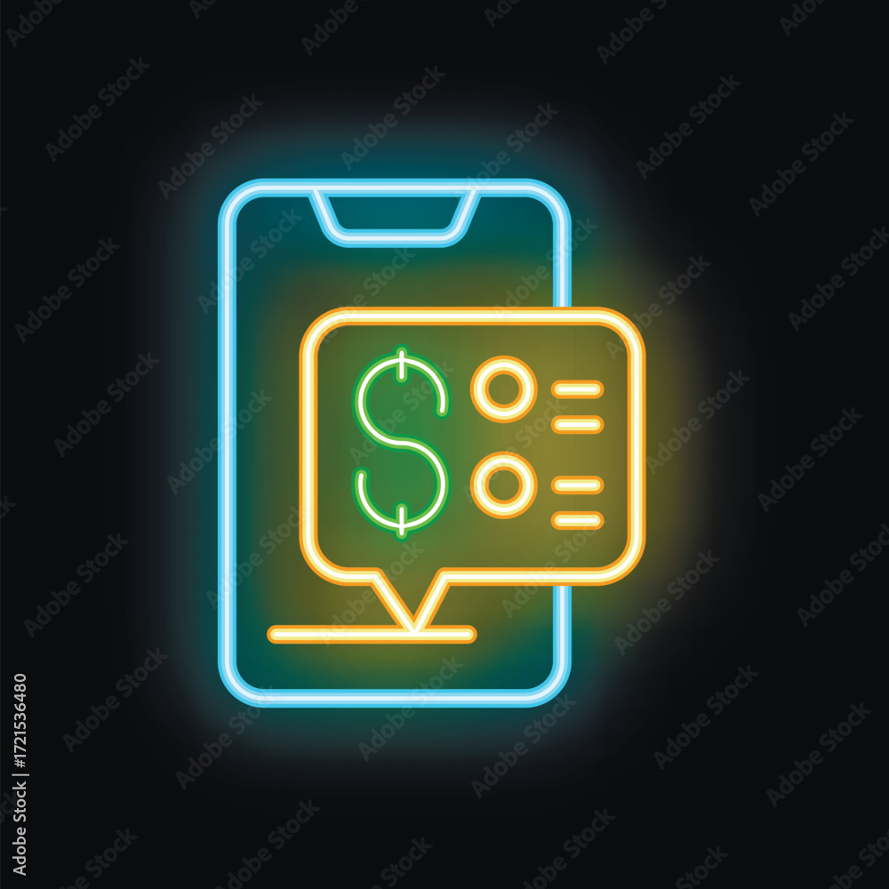 Poster glowing neon icon of smartphone displaying online payment options with dollar sign and selection men