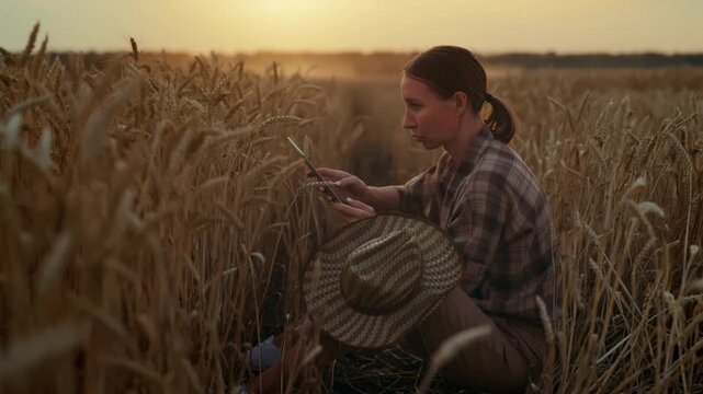 Woman botanist or ecologist checking wheat or rye ears in farmland, harvest. Female farmer with modern digital tablet controlling conditions of crops in agricultural region, eco-friendly farming