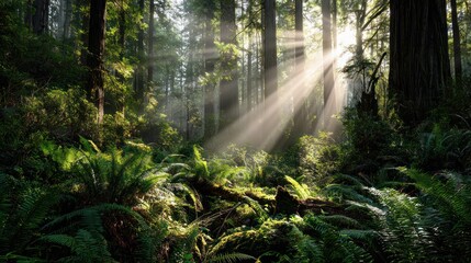 Forest floor covered in ferns bathed in sunlight piercing through the tree canopy