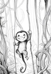 A joyful monkey, depicted in intricate line art, swings through a lush, detailed jungle.