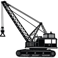 Vintage style illustration of a crawler crane with a clamshell bucket