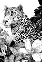 Intricate black and white illustration of a leopard amidst lush tropical foliage and flowers, showcasing detailed textures and a serene mood.