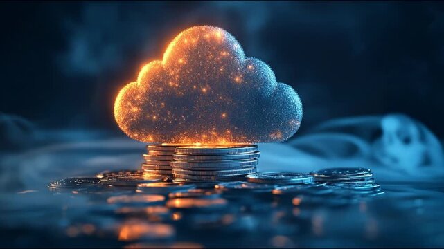 A glowing, fiery cloud symbol rests atop a stack of coins, symbolizing financial prosperity in the digital age.