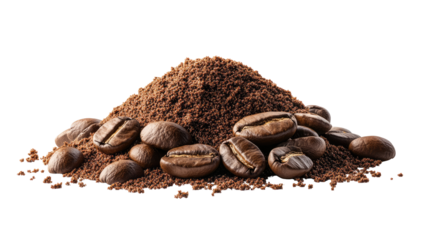 Freshly ground coffee powder with whole coffee beans, a perfect composition for showcasing the essence of a gourmet breakfast. Isolated On Transparent and White Background