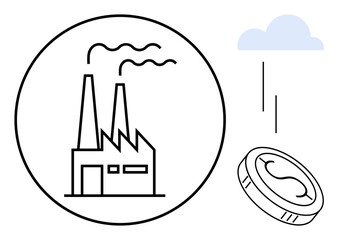 Factory with smoke stacks emitting fumes alongside falling coin and cloud, representing pollution, industry cost. Ideal for sustainability, economy, environment, pollution, climate change, industrial