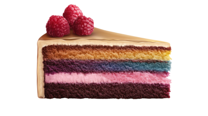 A visually stunning, layered cake with vibrant hues and a generous topping of fresh, juicy raspberries, a slice of artistic dessert. Isolated On Transparent and White Background