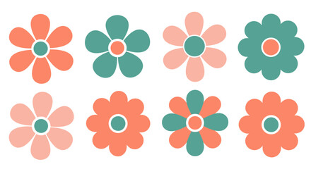A collection of eight stylized retro flowers in coral and teal colors, isolated on a, featuring simple petal designs and circular centers, evoking a vintage or bohemian aesthetic