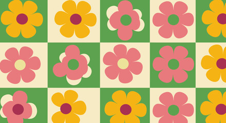 A repeating pattern of stylized retro flowers in pink, yellow, and orange, set against a checkerboard background of cream and green, evoking a vintage or bohemian aesthetic