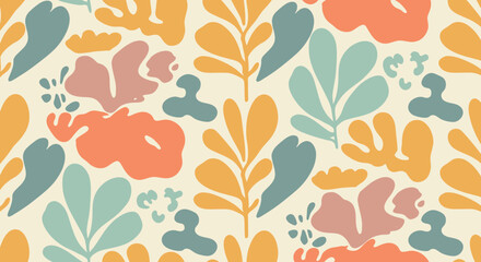 Abstract floral pattern with organic shapes in pastel colors, seamless repeating background, modern art style, matisse inspired, vector illustration © Crushin