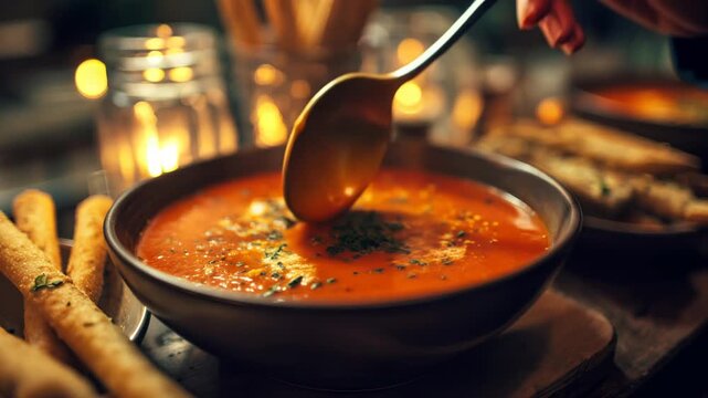 Delicious tomato soup served in a black bowl with breadsticks and cherry tomatoes on a woven placemat