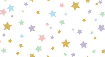 Delicate pastel and golden glitter stars sprinkled on a clean white canvas, evoking a sense of wonder and enchantment, ideal for cheerful and celebratory backgrounds