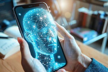 Hands hold a smartphone displaying a digital rendering of a human head composed of glowing lines and nodes, suggesting artificial intelligence or neural network concepts