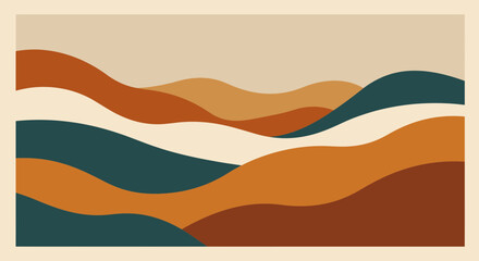 Abstract landscape with rolling hills in warm earth tones, featuring curves and layers of terracotta, beige, and teal, evoking a sense of calm and natural beauty in a minimalist style